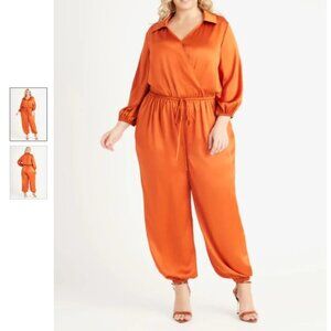 Faux Wrap Satin Jumpsuit – Burnt Orange (Plus Size)